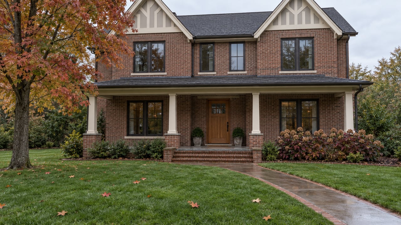 Rain-damp lawn and concrete walk leading to a brick home with a covered porch, steep gables and an amber-leaved maple.