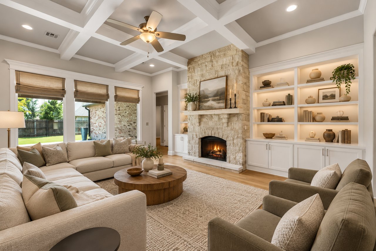 Staged living room with a stone fireplace, built-in shelves, and beige seating.