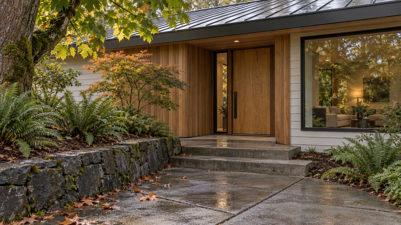 Hillside house with a cedar entry bay, off-white siding, concrete approach, and ferns beside a basalt wall.