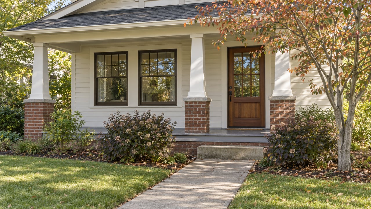 Off-white bungalow with a full-width covered porch, divided-light windows, and serviceberry tree beside the walk.