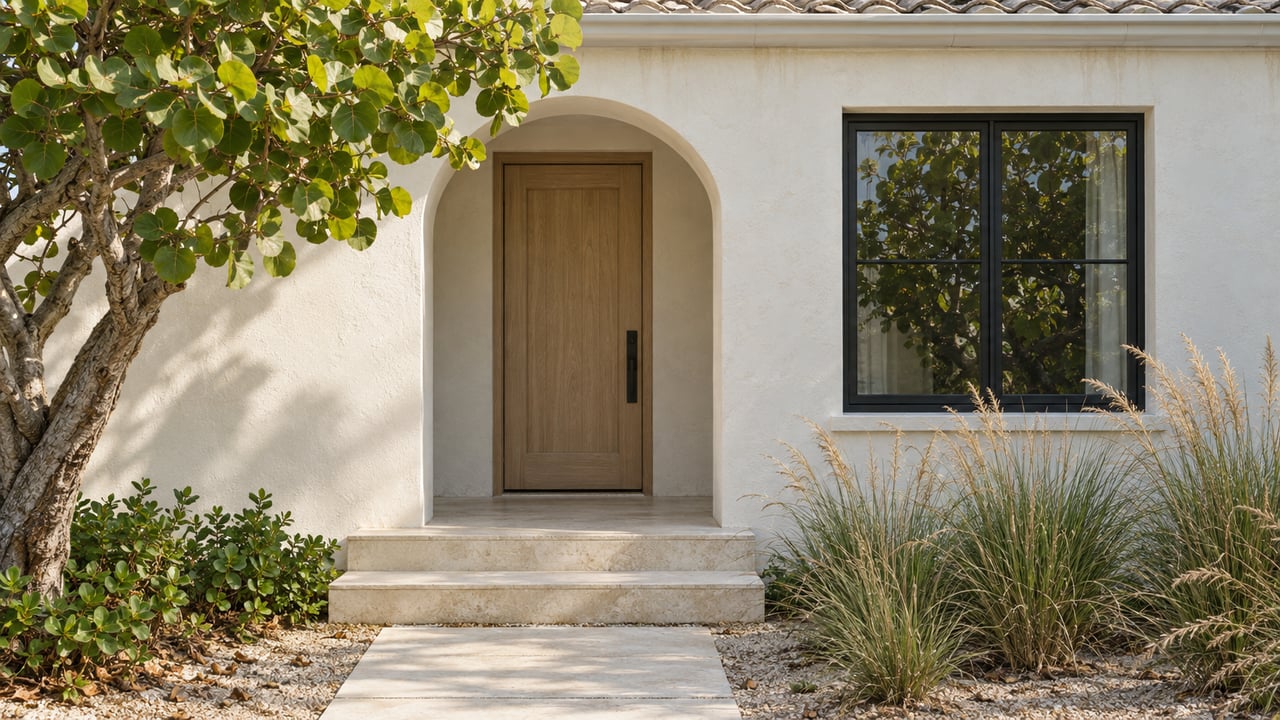 Coastal stucco entry with an arched oak door, black-framed window, limestone steps, and sea grape and grasses.