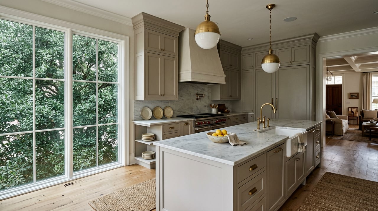 Luxury kitchen with a marble island, brass pendant, and a window filled with dark green oak leaves.