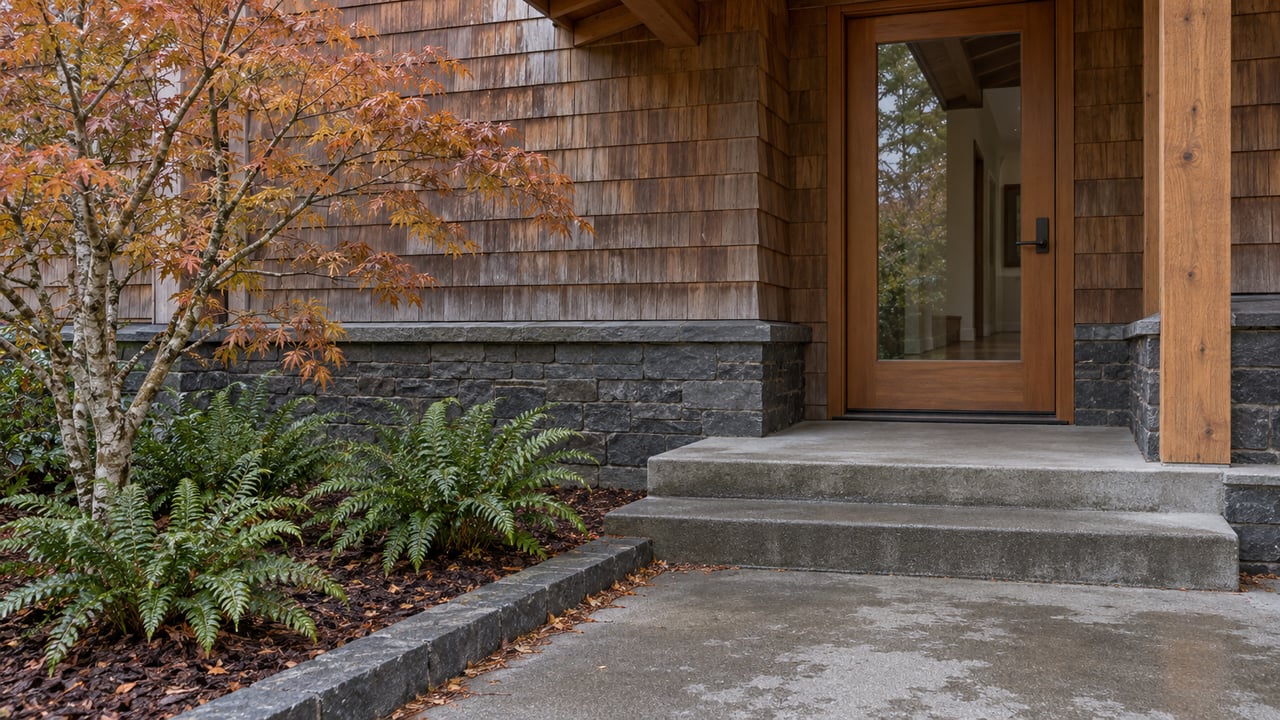 Cedar-shingled entry with a glazed fir door, basalt base, concrete steps and autumn vine maple above sword ferns.