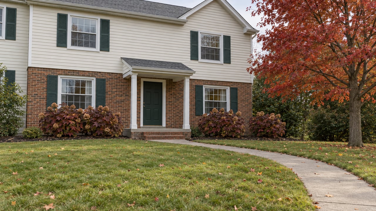 A cream-sided two-story home with brick accents, a green front door, an open lawn and red autumn maple foliage.