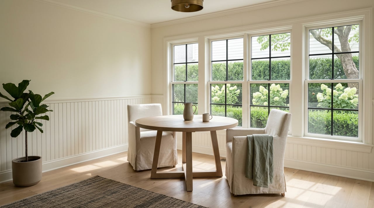 Round oak breakfast table with linen chairs, a pitcher and mug, beside tall divided-light windows.