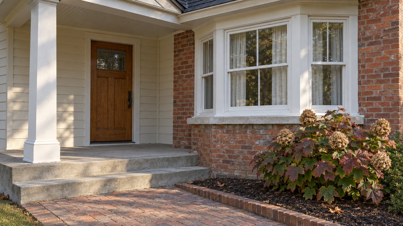 A covered home entry with an oak door, red brick bay window, ivory wood siding and an autumn oakleaf hydrangea beside brick paving.