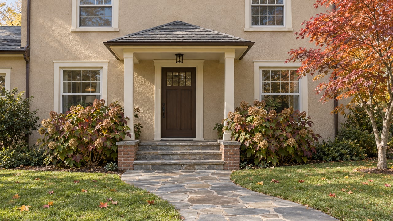 Tan stucco home with divided-light windows, a covered stone stoop, curved bluestone walk, and autumn maple foliage.
