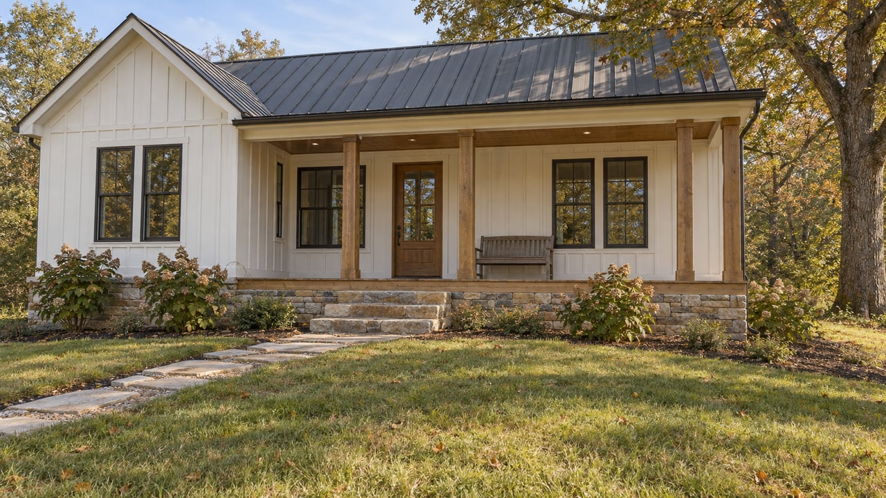 White board-and-batten cottage with a charcoal metal roof, sandstone steps and a broad timber porch above a gently rising lawn.