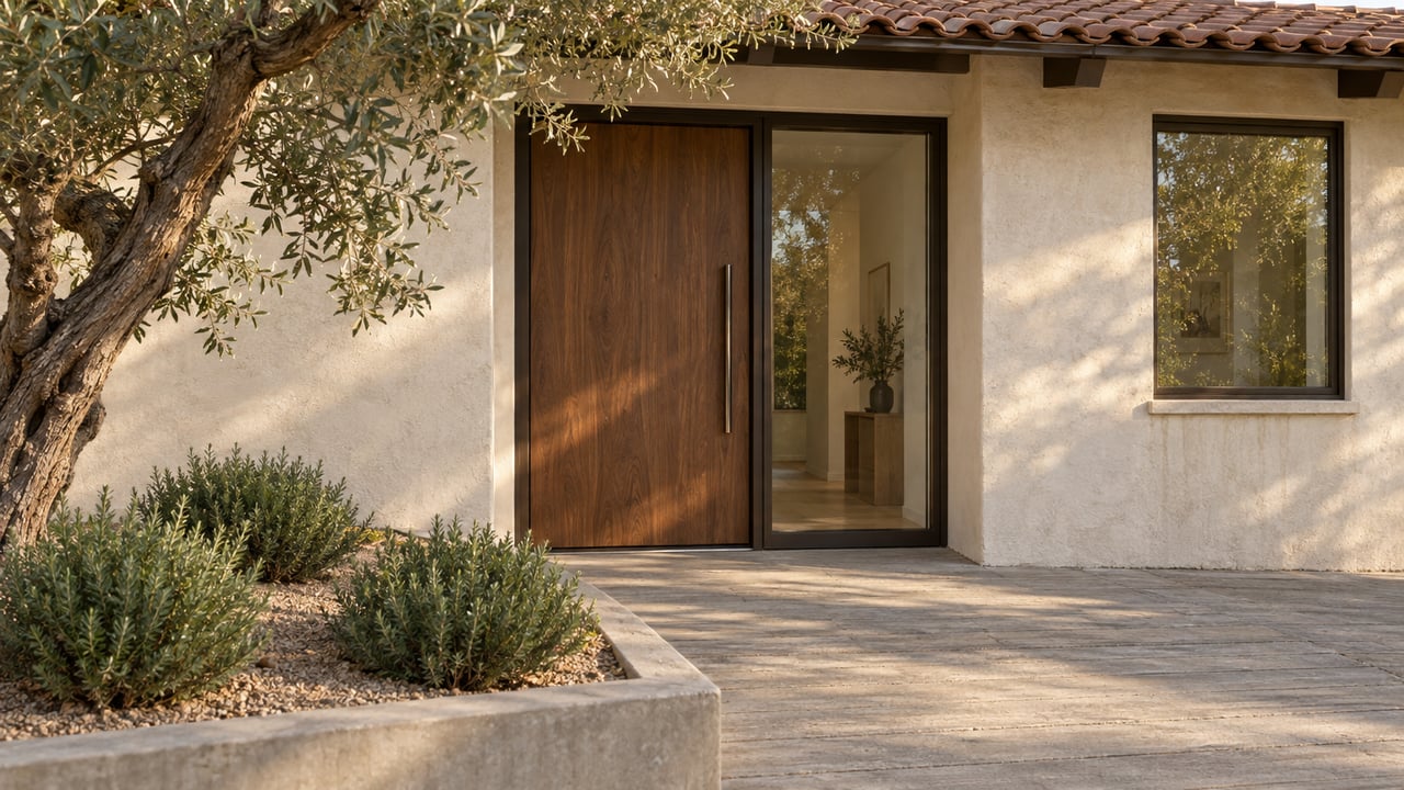 Recessed walnut entry with bronze-framed glass, beneath an olive tree beside a concrete approach.