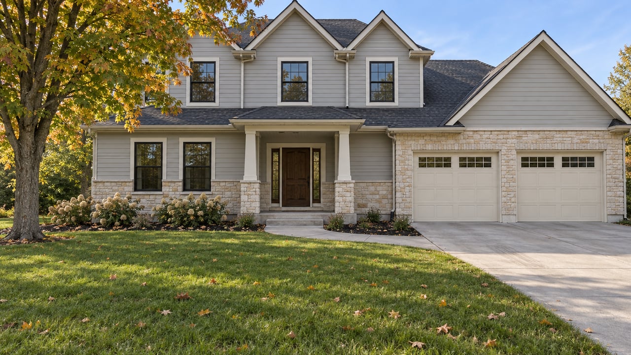 Two-story pale-sided home with limestone accents, a covered porch, and a deep front lawn beneath an autumn maple.