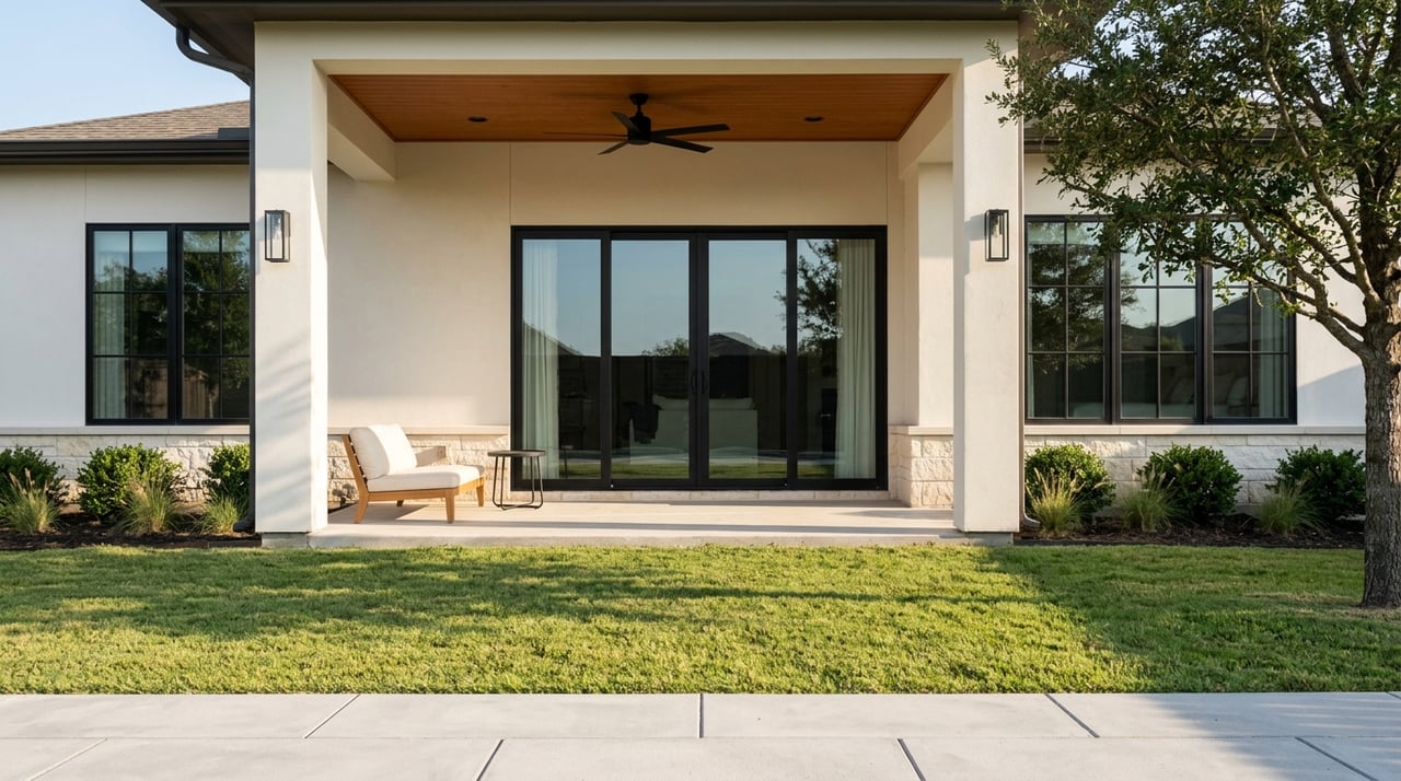 Covered patio with a wide black sliding door, cedar-toned soffit, and landscaped yard.