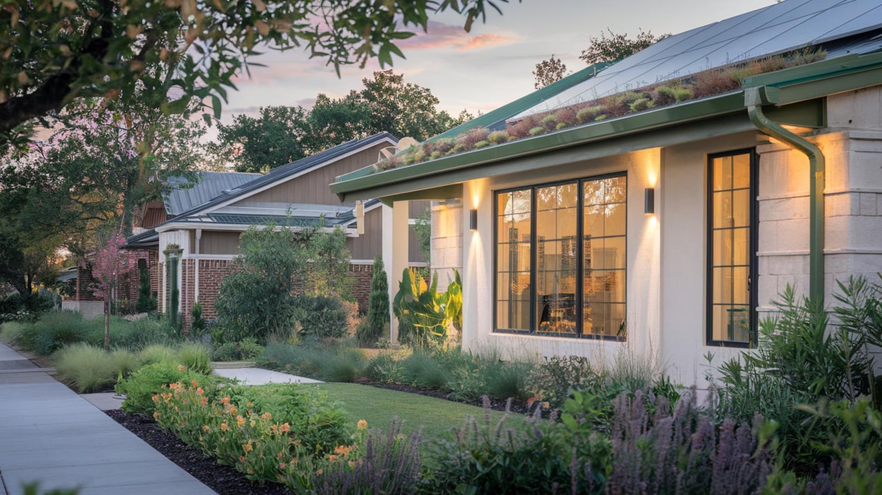 Modern house with a planted roof and glowing windows beside a landscaped garden and sidewalk at dusk.