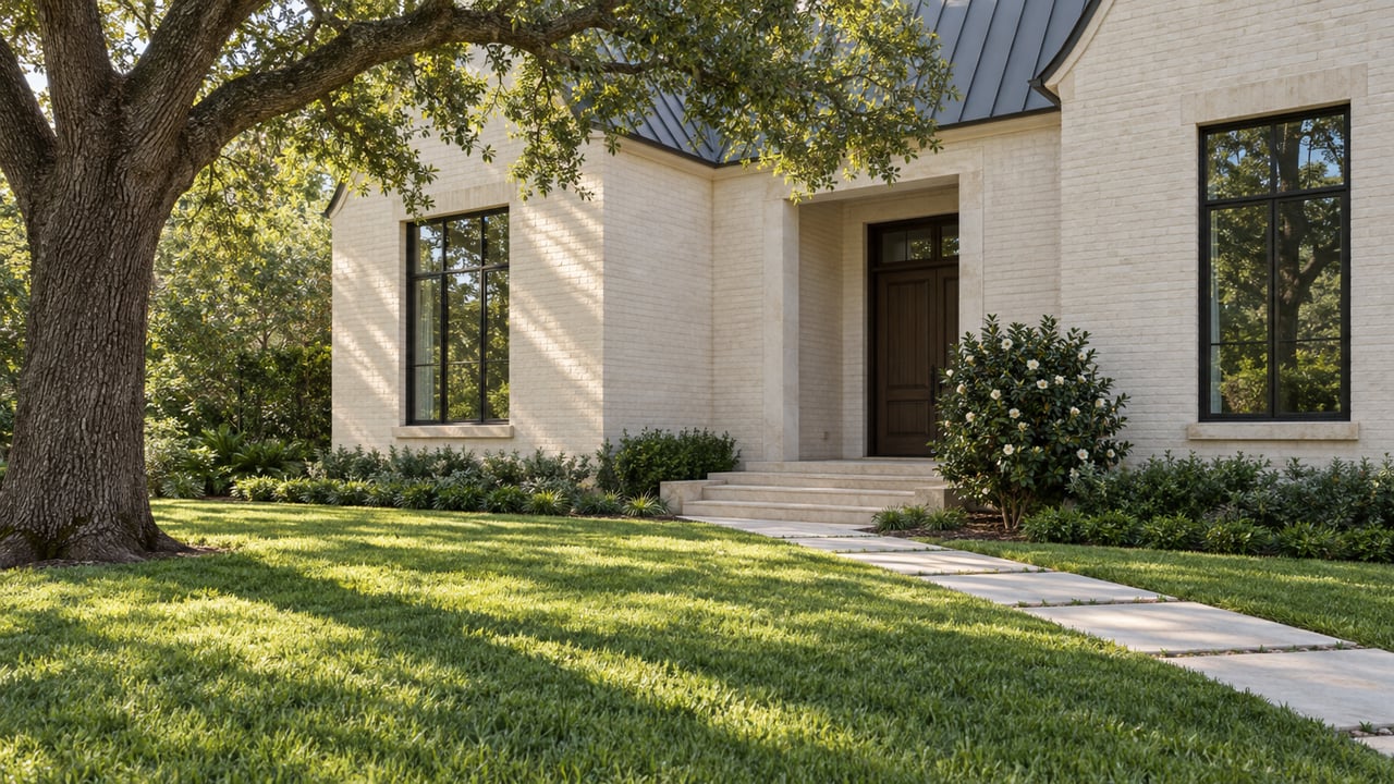 Cream brick home with a recessed oak door, limestone path, broad lawn, and overhanging live oak.