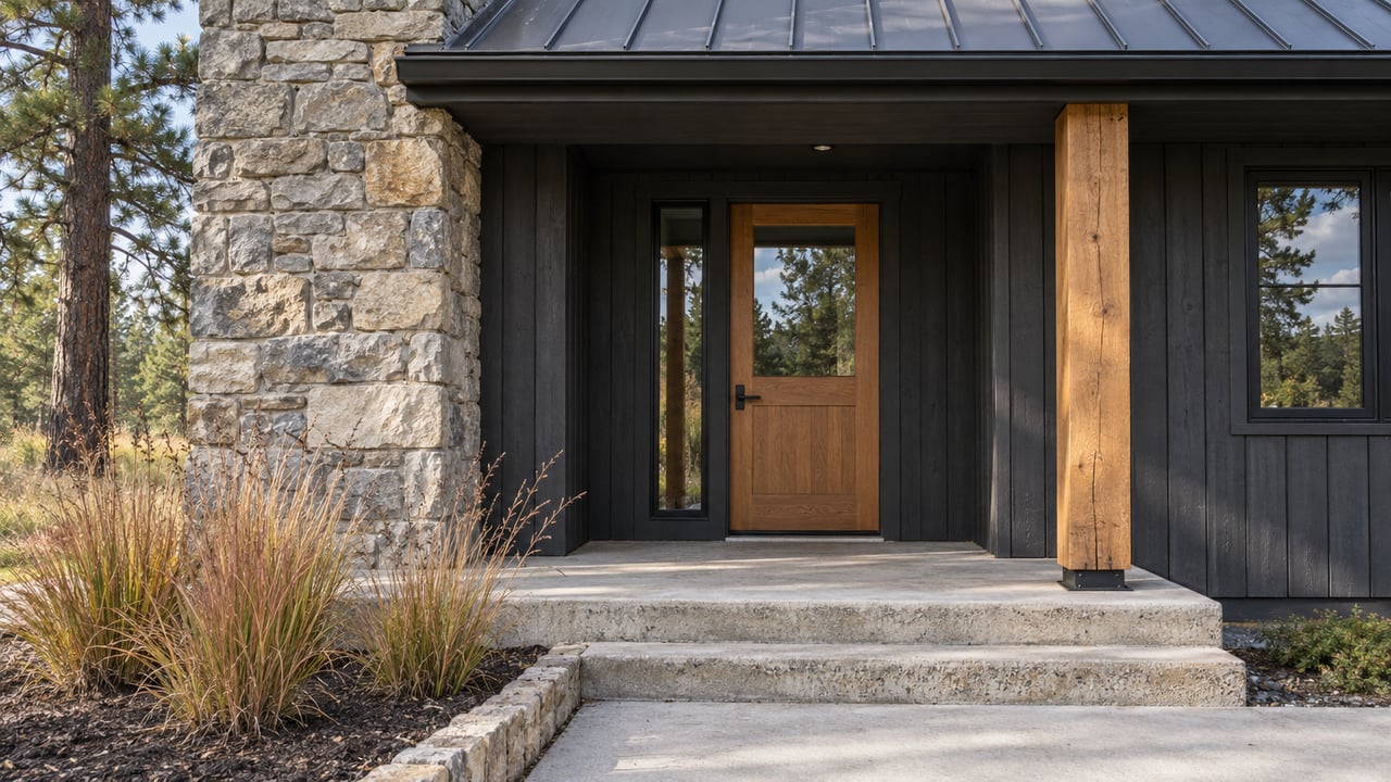 Charcoal-sided home entrance with a limestone chimney, timber porch post, concrete steps and tawny native grasses.