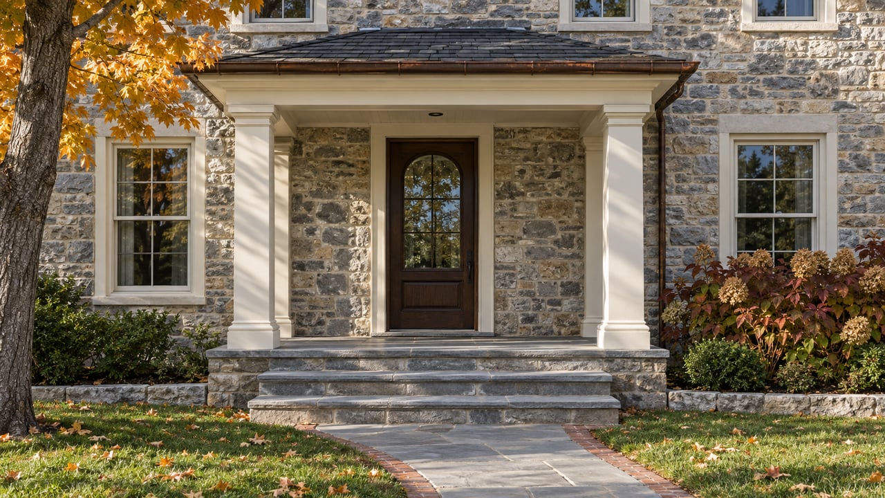Autumn light across a limestone home's covered entrance, cream columns, worn stone steps and amber maple foliage.