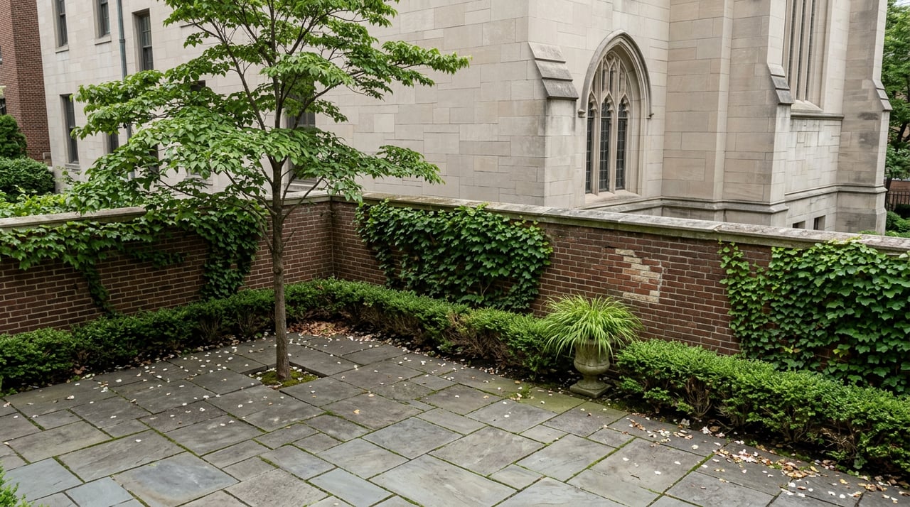 Bluestone courtyard beneath a limestone facade, with a dogwood tree, ivy-covered brick wall, and stone urn.