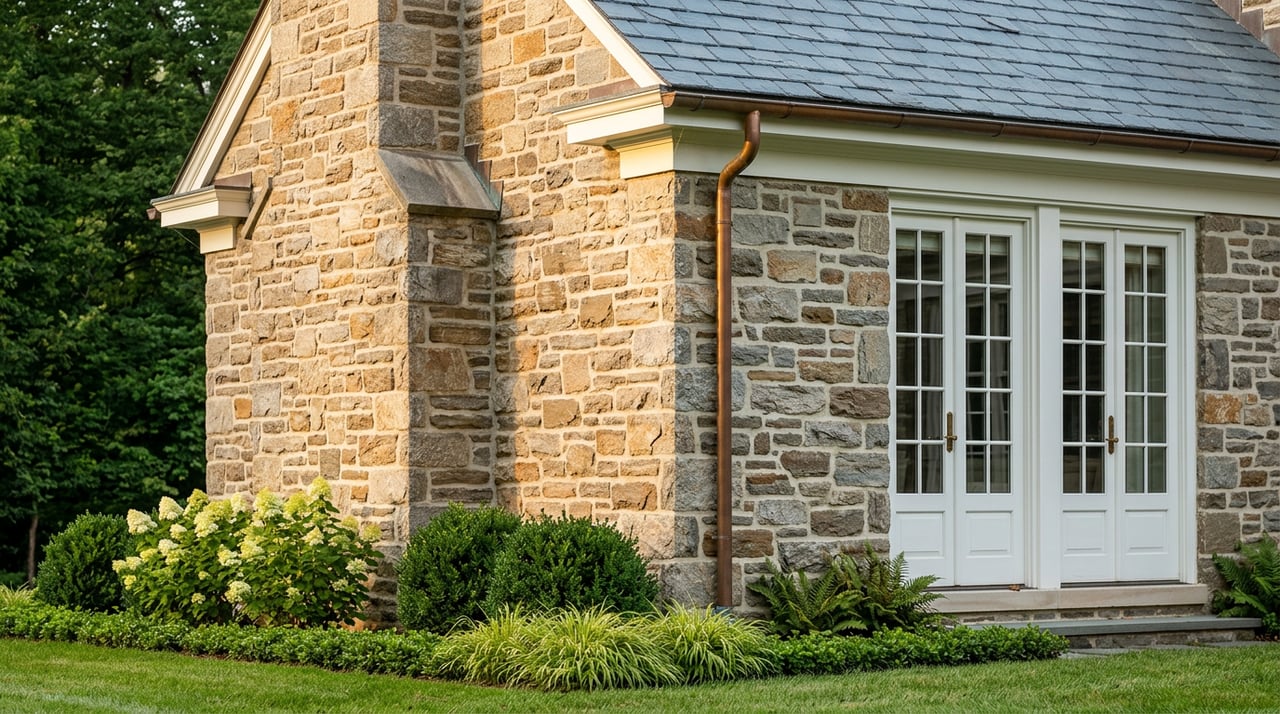 Schist stone house wing with white mullioned windows, projecting chimney, copper gutter, and beech canopy.
