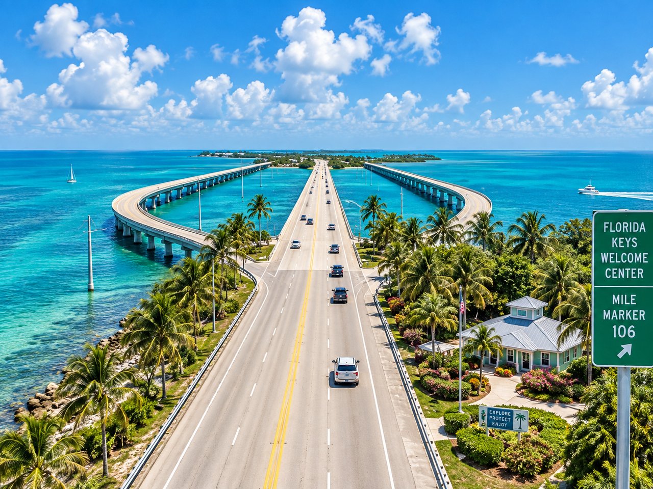 Overseas Highway crosses turquoise water toward the Florida Keys, with palm trees and the Welcome Center sign.