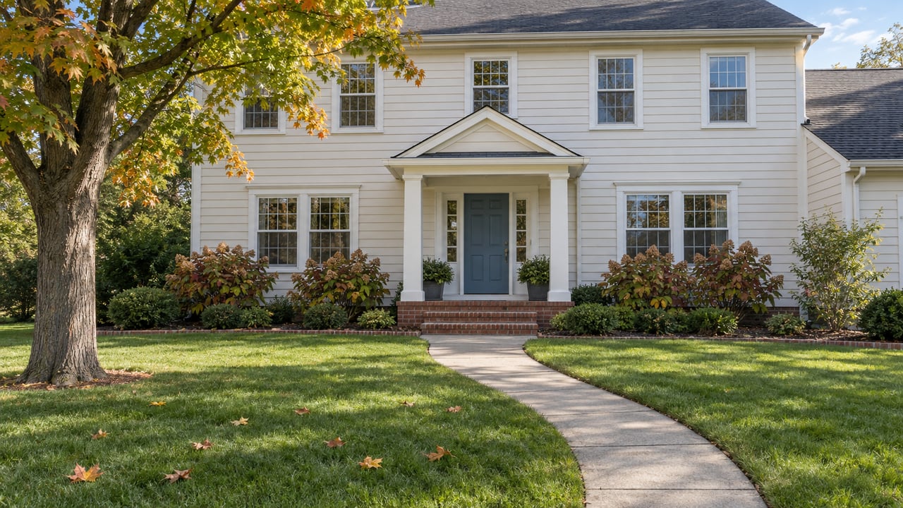 An ivory two-story home with a brick porch, broad green lawn, curved concrete walk and maple foliage beginning to turn amber.