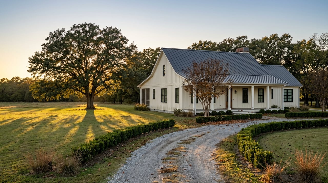 Off-white farmhouse beyond a curving gravel drive, with a spreading oak and clipped hedges in the pasture.