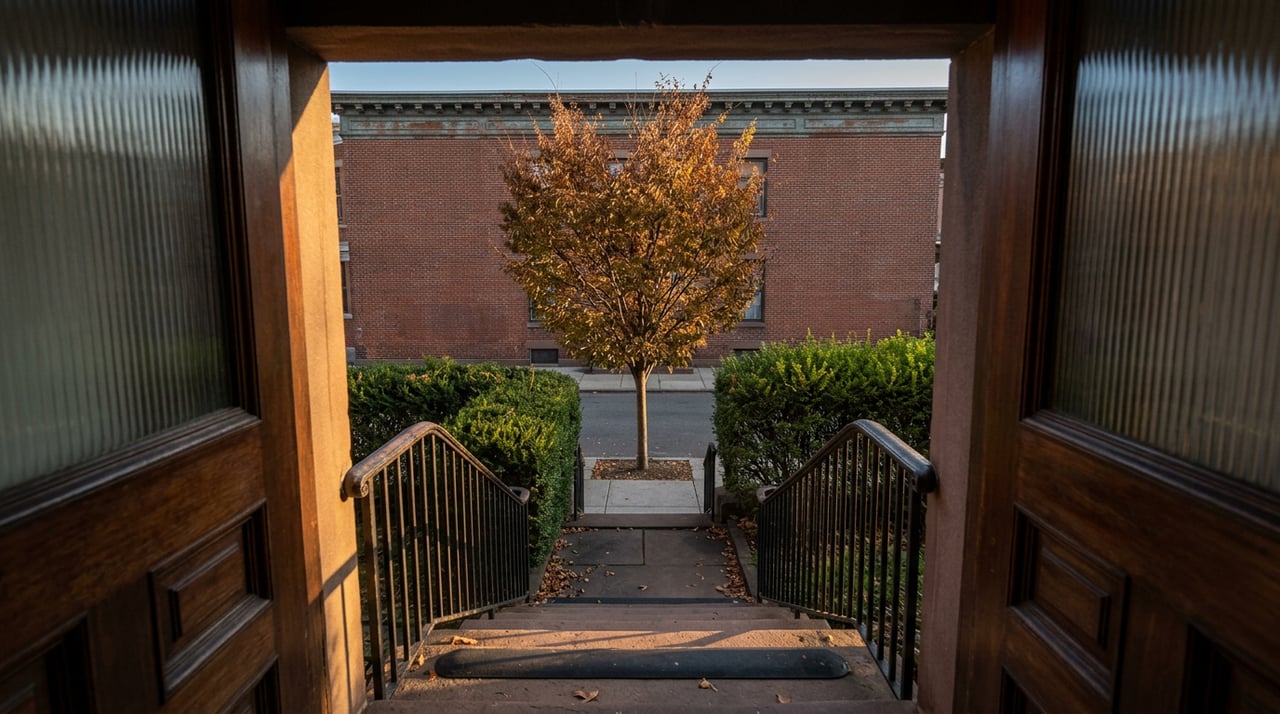 Brownstone stoop with iron banister and fallen leaves, facing a brick rowhouse beneath bronze-orange trees.