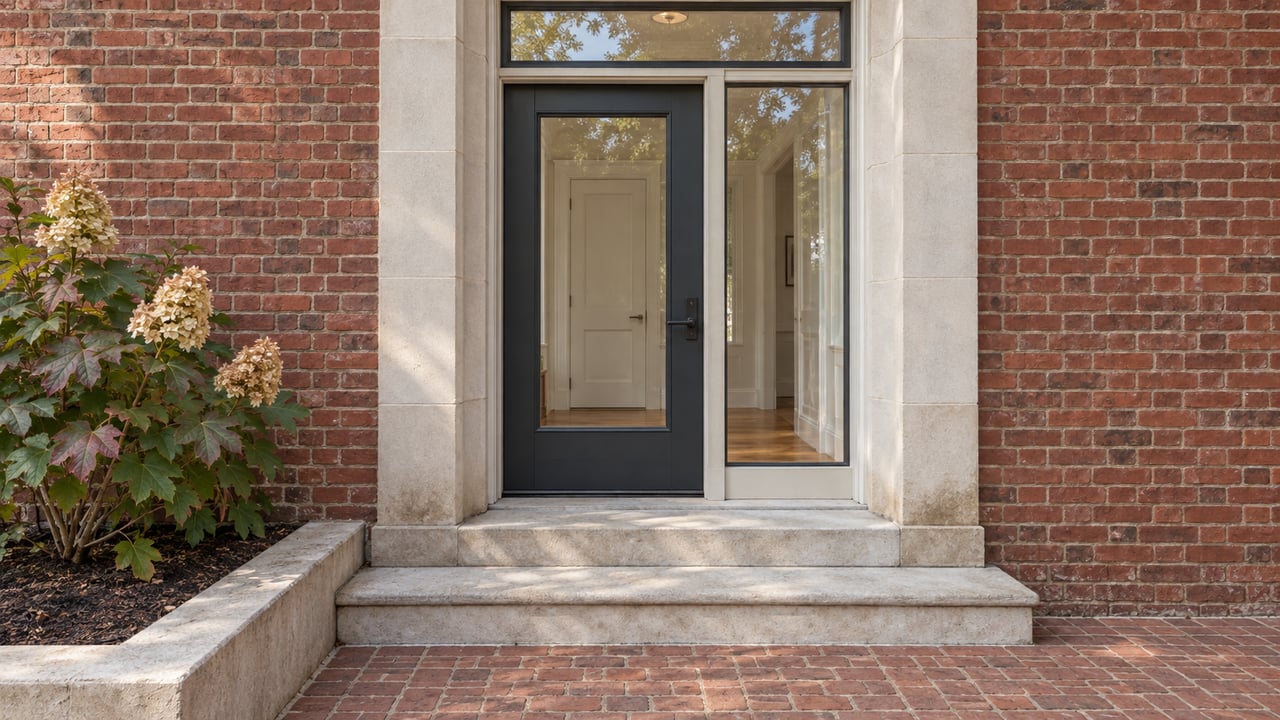 Brick residential entrance with a charcoal glazed door, limestone steps and an oakleaf hydrangea in a raised stone-edged bed.