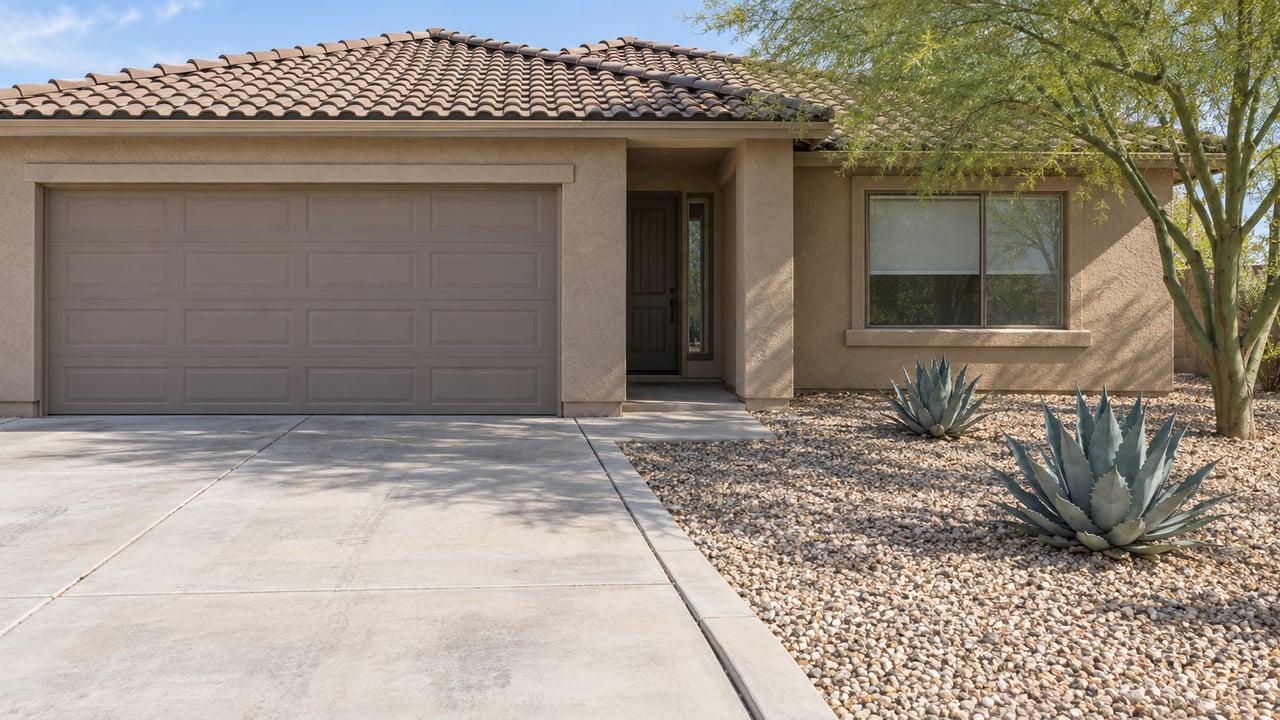 Sunlit sand-colored stucco home with brown tile roof, broad concrete driveway and a gravel garden with a green-trunked tree and two agaves.