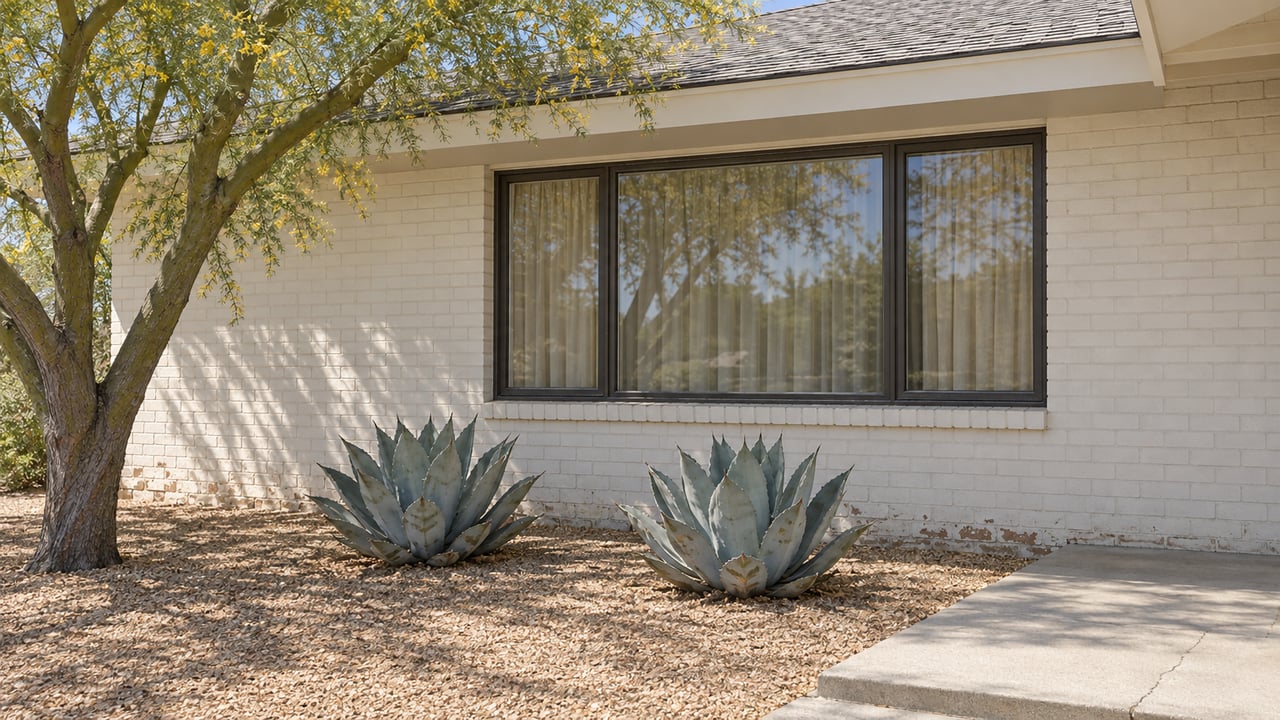 Sunlit painted-brick ranch facade with a bronze-framed window, a blue palo verde tree and two blue-gray agaves beside a concrete approach.