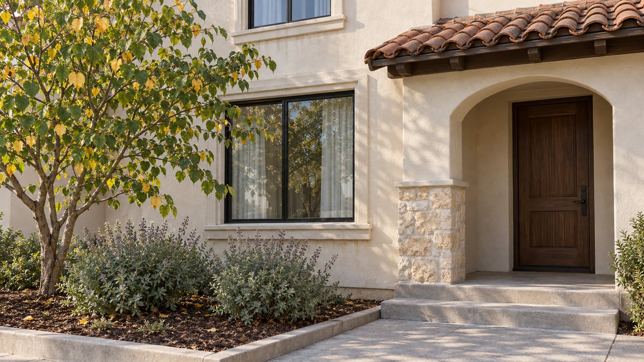 Morning light on an ivory stucco townhouse entry with clay roof tiles, walnut door, black-framed windows and a planted concrete terrace.