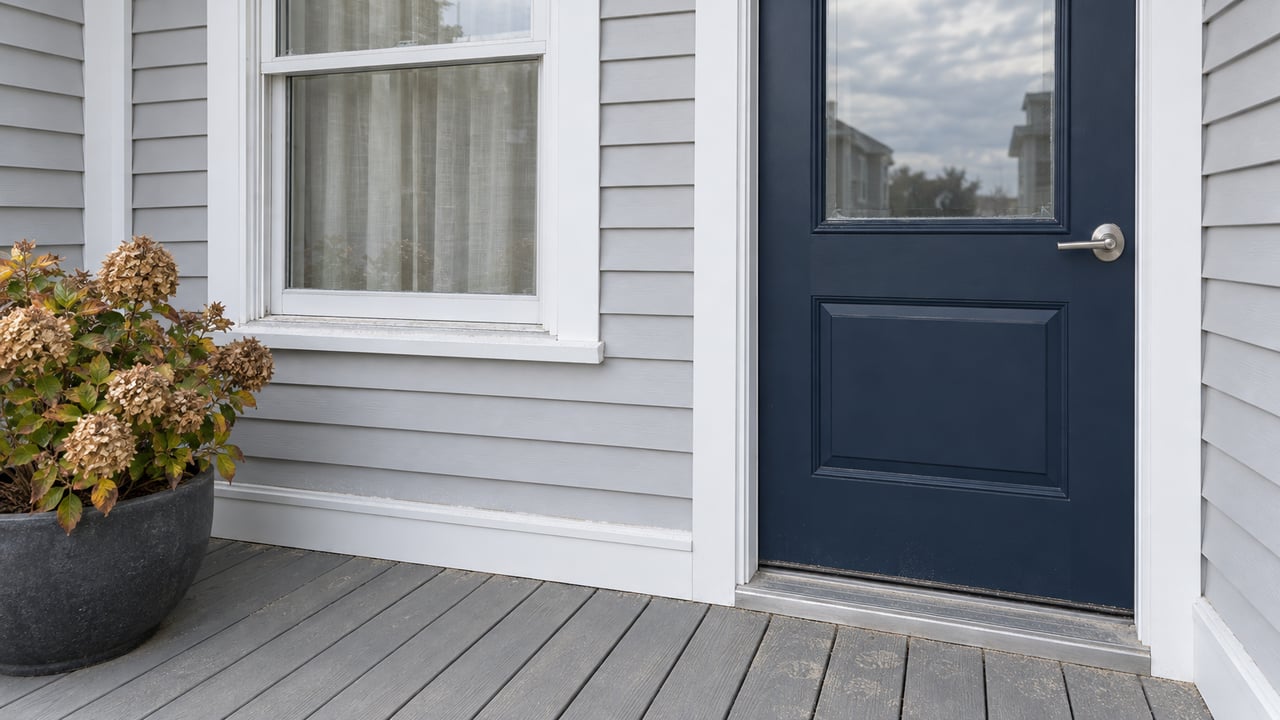 A navy glazed front door and white-trimmed window above a sand-dusted gray landing, with a single hydrangea planter.