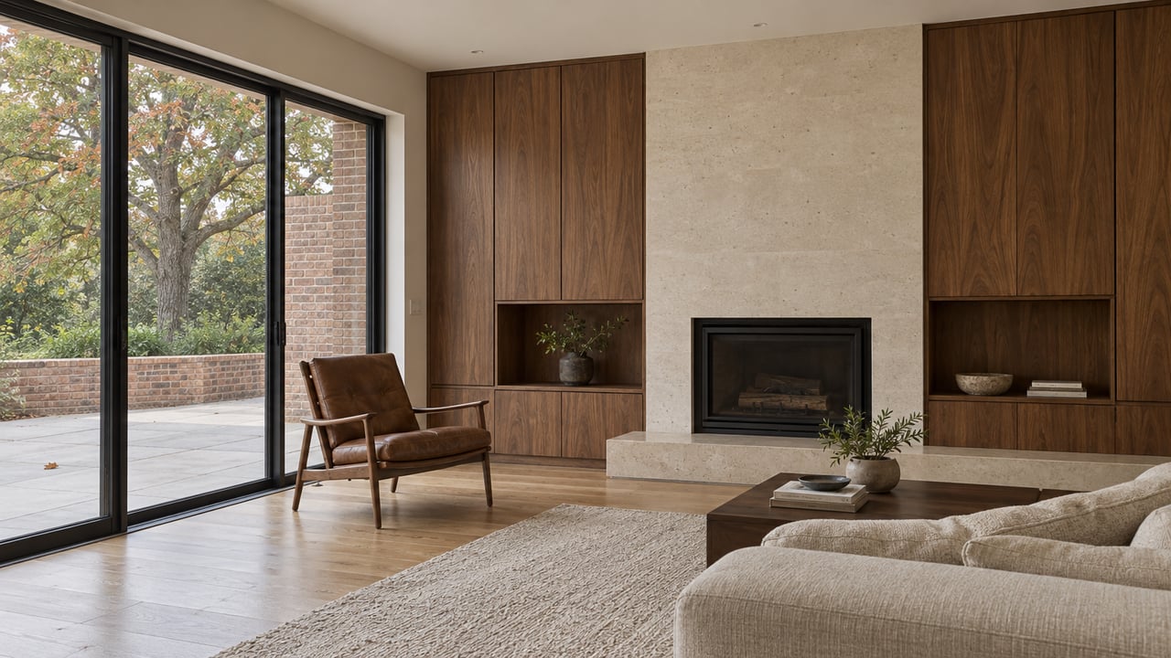 Warm walnut cabinetry and a limestone fireplace in a sunlit living room, with a leather lounge chair beside closed terrace doors.