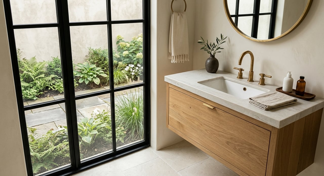 White-oak floating vanity with a brass faucet beneath a black grid window, with a potted fern and folded towel.
