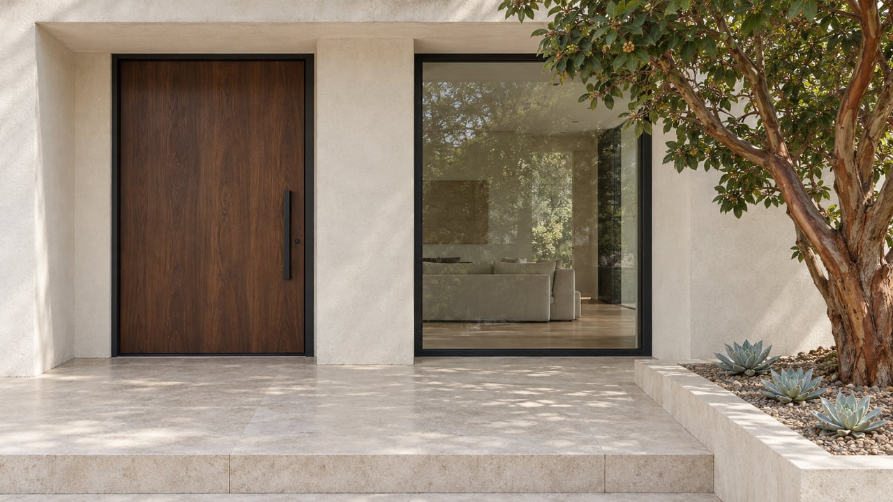 Close view of a white plaster home's walnut entrance, black-framed glazing and limestone landing beside a sculptural strawberry tree.
