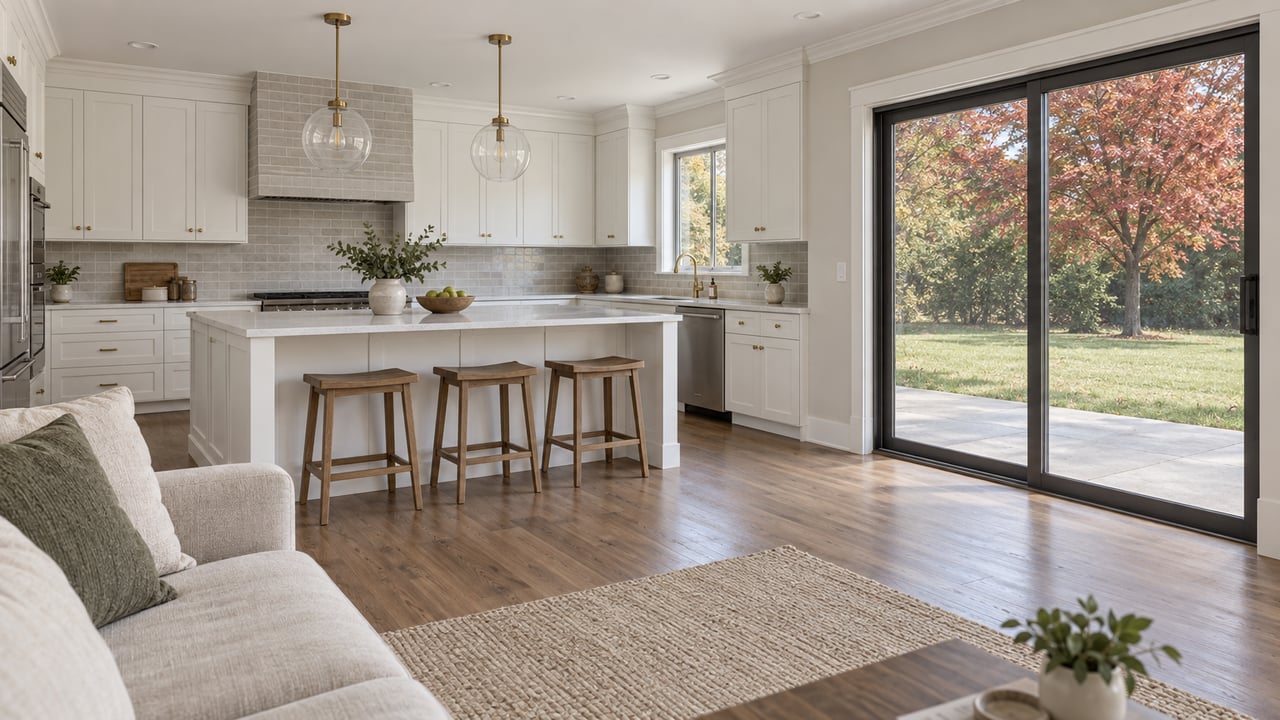 Bright open-plan living room and white shaker kitchen with quartz island, brass fixtures and sliding glass doors overlooking a patio and autumn maple.