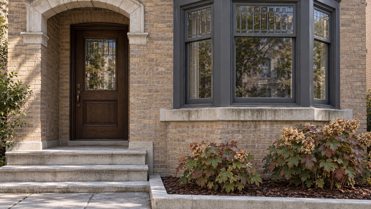 Buff-brick home with a recessed oak entry, limestone steps, charcoal-framed bay windows, and autumn oakleaf hydrangeas.
