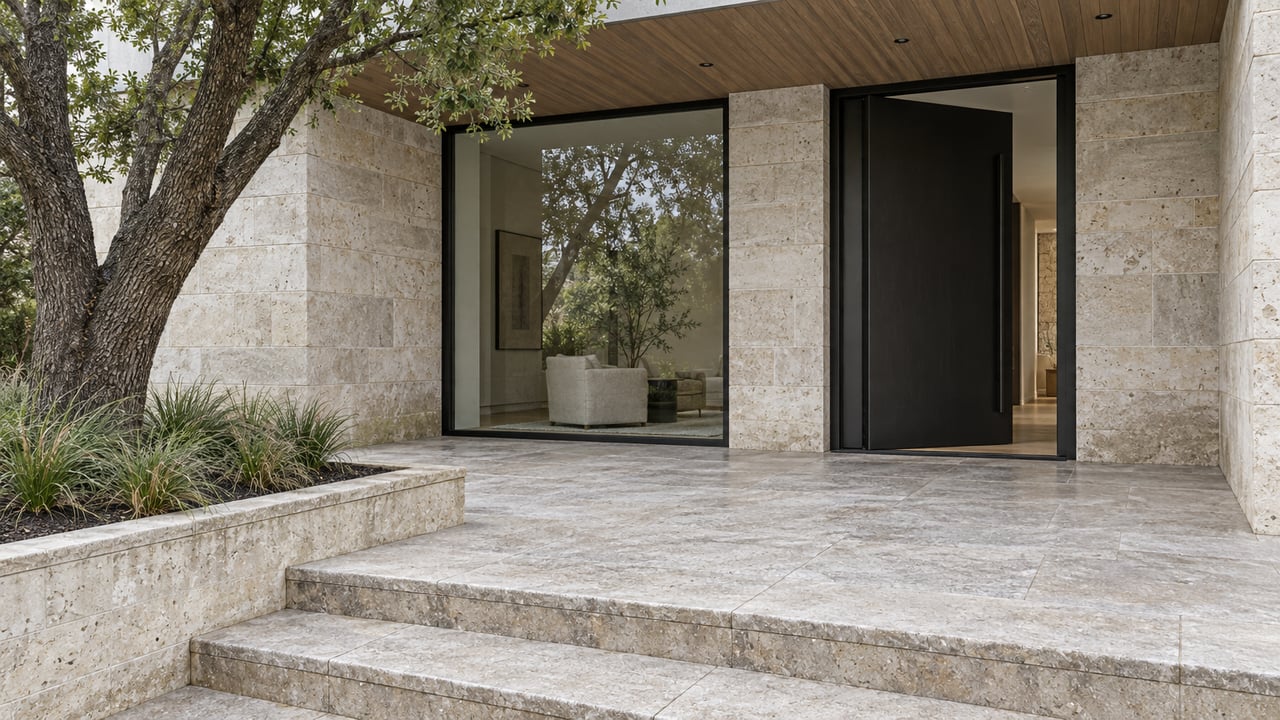 A limestone home entry with black-framed glass, an oak soffit, broad stone steps and a live oak beside a raised planting bed.