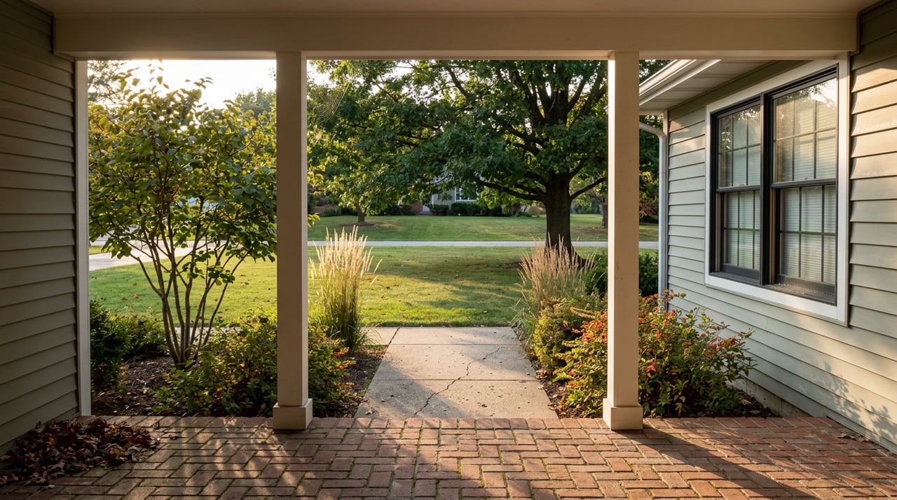Sage-sided ranch porch with brick flooring, white posts, and a tree shading the front lawn.