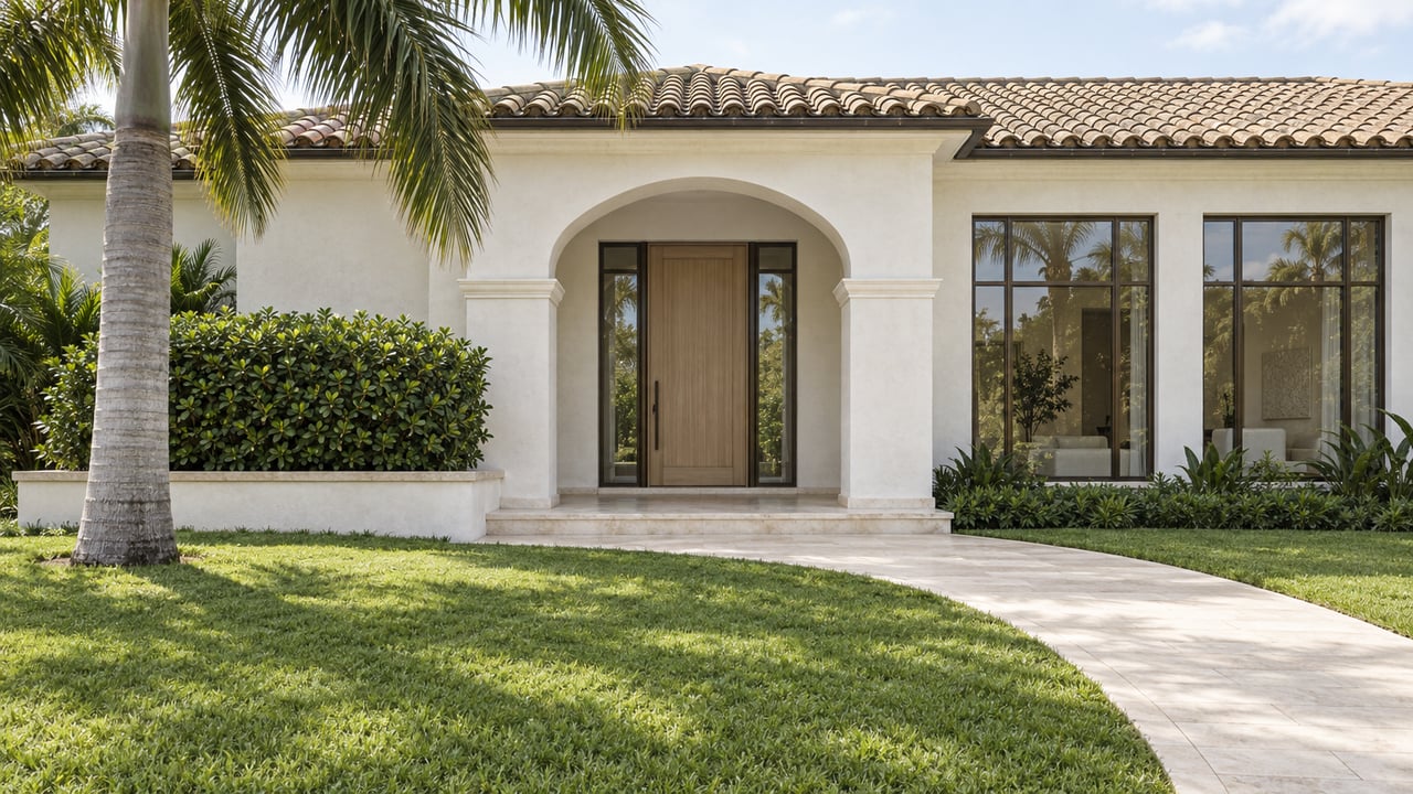 White stucco home with an arched entry, bronze-framed windows and limestone approach across a deep lawn beneath a specimen royal palm.