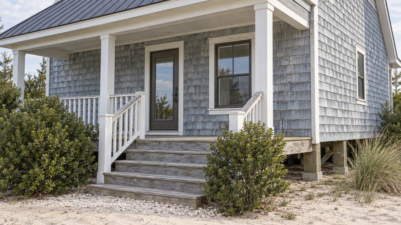 Raised blue-gray shingled coastal cottage with a covered porch, timber steps, and sandy landscaping.