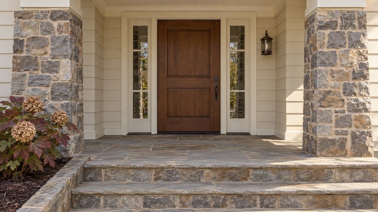 Recessed wood front door with paired glass sidelights, stone piers and flagstone steps beside autumn oakleaf hydrangea.