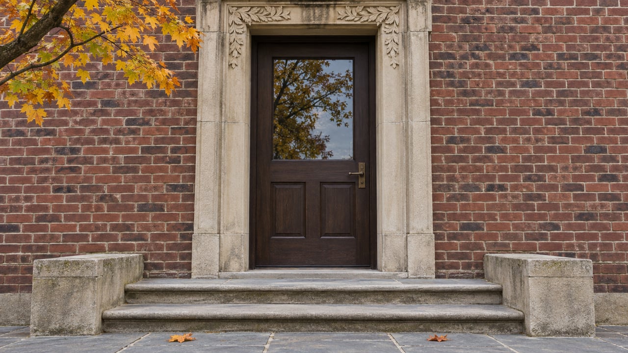 Weathered brick residential entrance with a carved limestone surround, dark oak door, shallow stone steps and yellow-orange maple leaves.