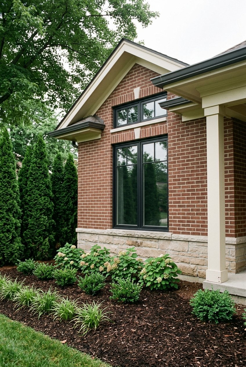 Brick-and-limestone house corner with upgraded windows and a landscaped evergreen buffer.