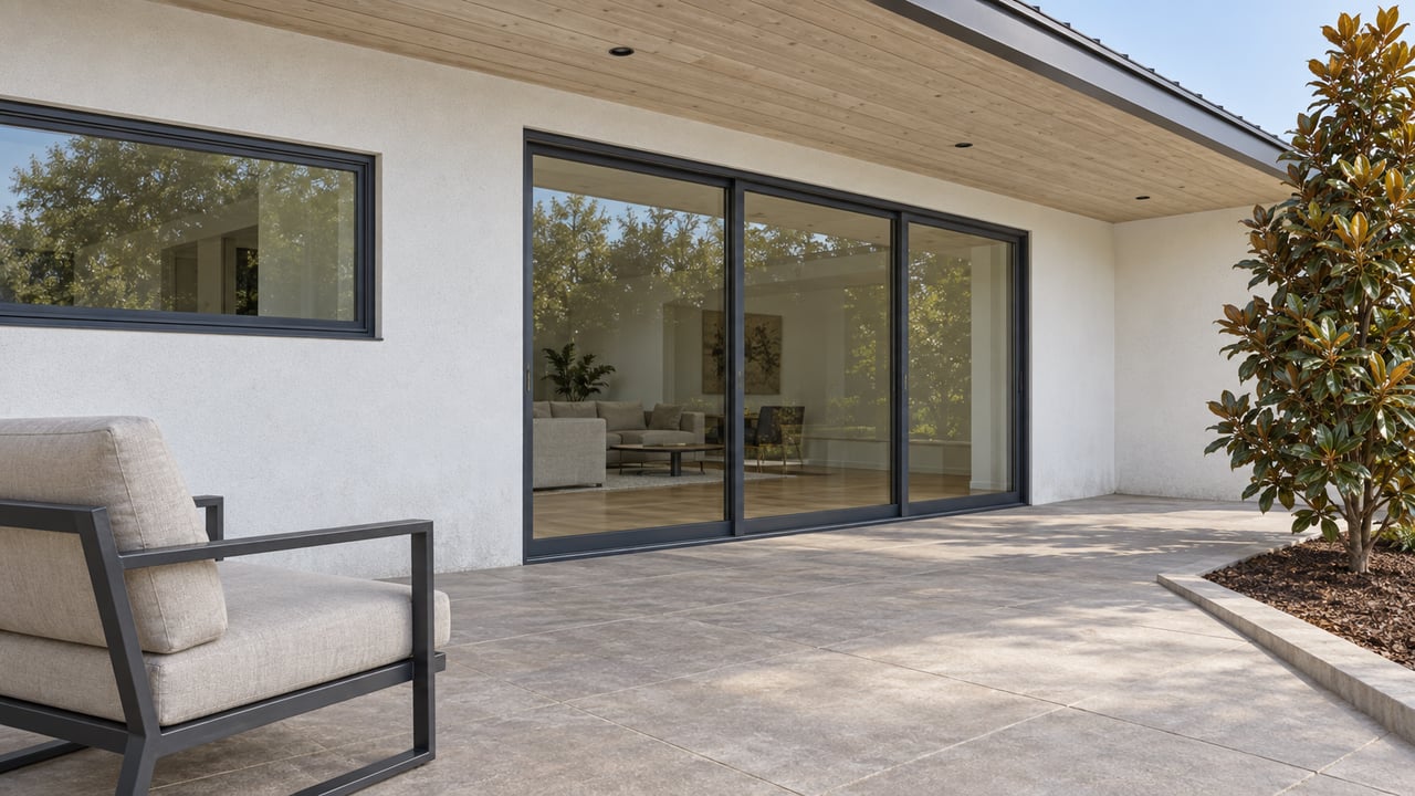 A sunlit covered terrace with pale pavers, a charcoal lounge chair, white stucco walls, closed sliding glass doors, and a magnolia beside the raised edge.