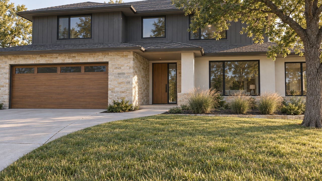 A two-story home with charcoal siding, limestone walls, a wood garage door, and a deep front lawn in soft morning light.