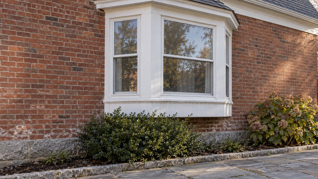 Red-brick house with a white three-window bay, gray-shingled gable, and granite foundation.