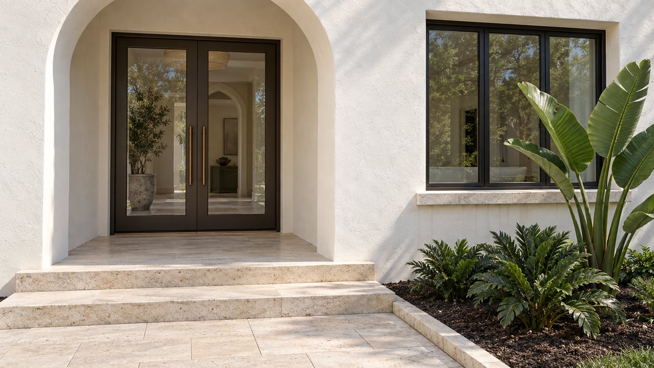 White stucco home entrance with a rounded arch, paired dark-framed glass doors, pale limestone steps and broad-leaved planting beside a window.