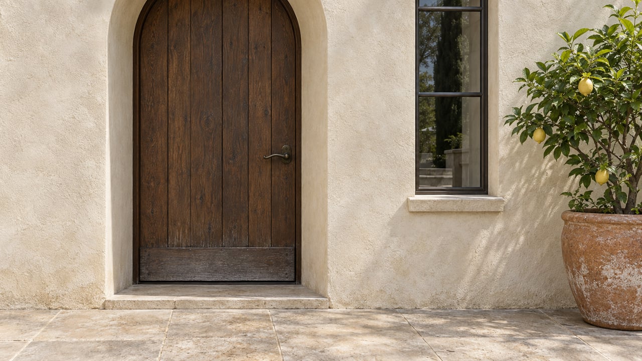 Deep arched stucco entry with a weathered oak door, limestone terrace and a potted lemon tree in soft daylight.
