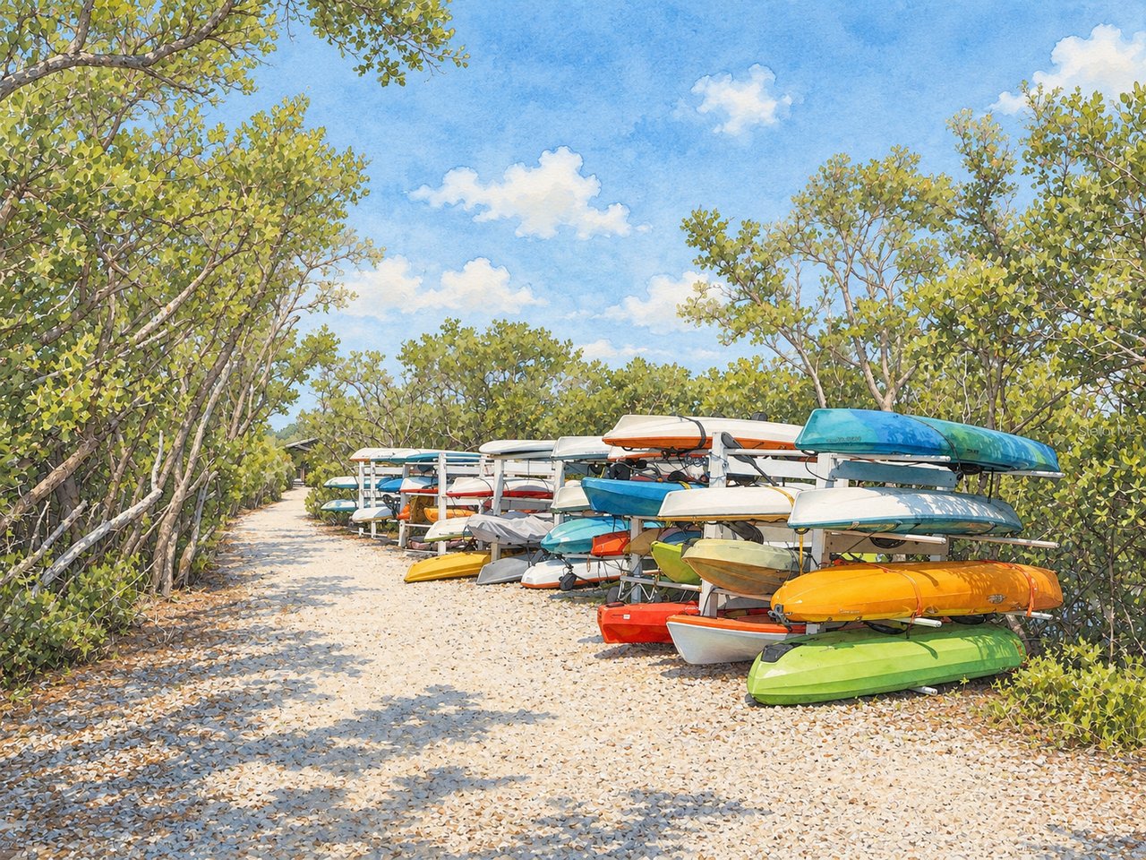 Colorful kayaks stacked beside a sandy trail through coastal trees.