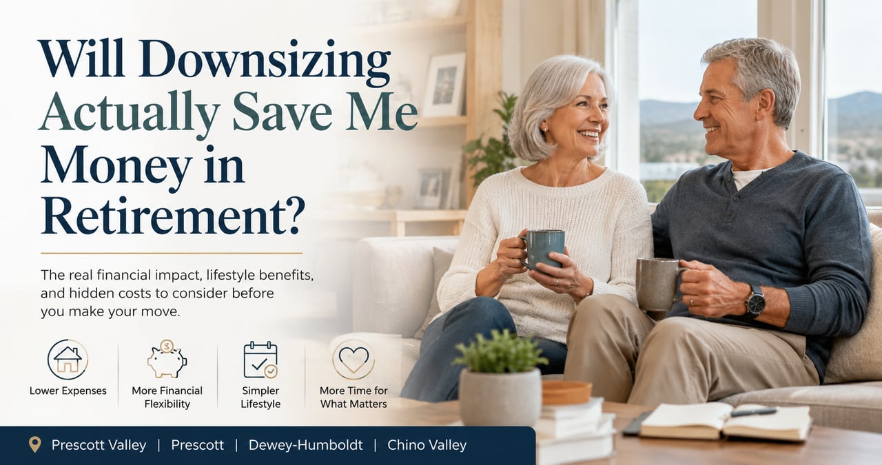 Retired couple reviewing downsizing costs in a cozy Prescott Valley home.