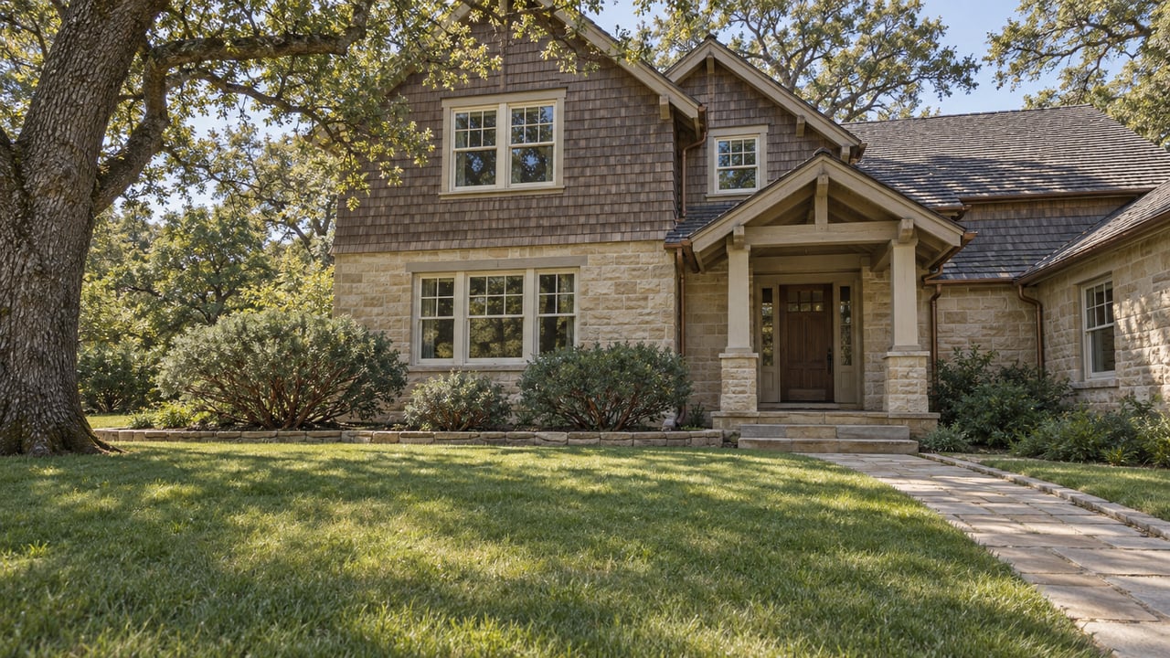 A shingled and sandstone home beyond a broad lawn, with a stone entry path and mature oak tree.
